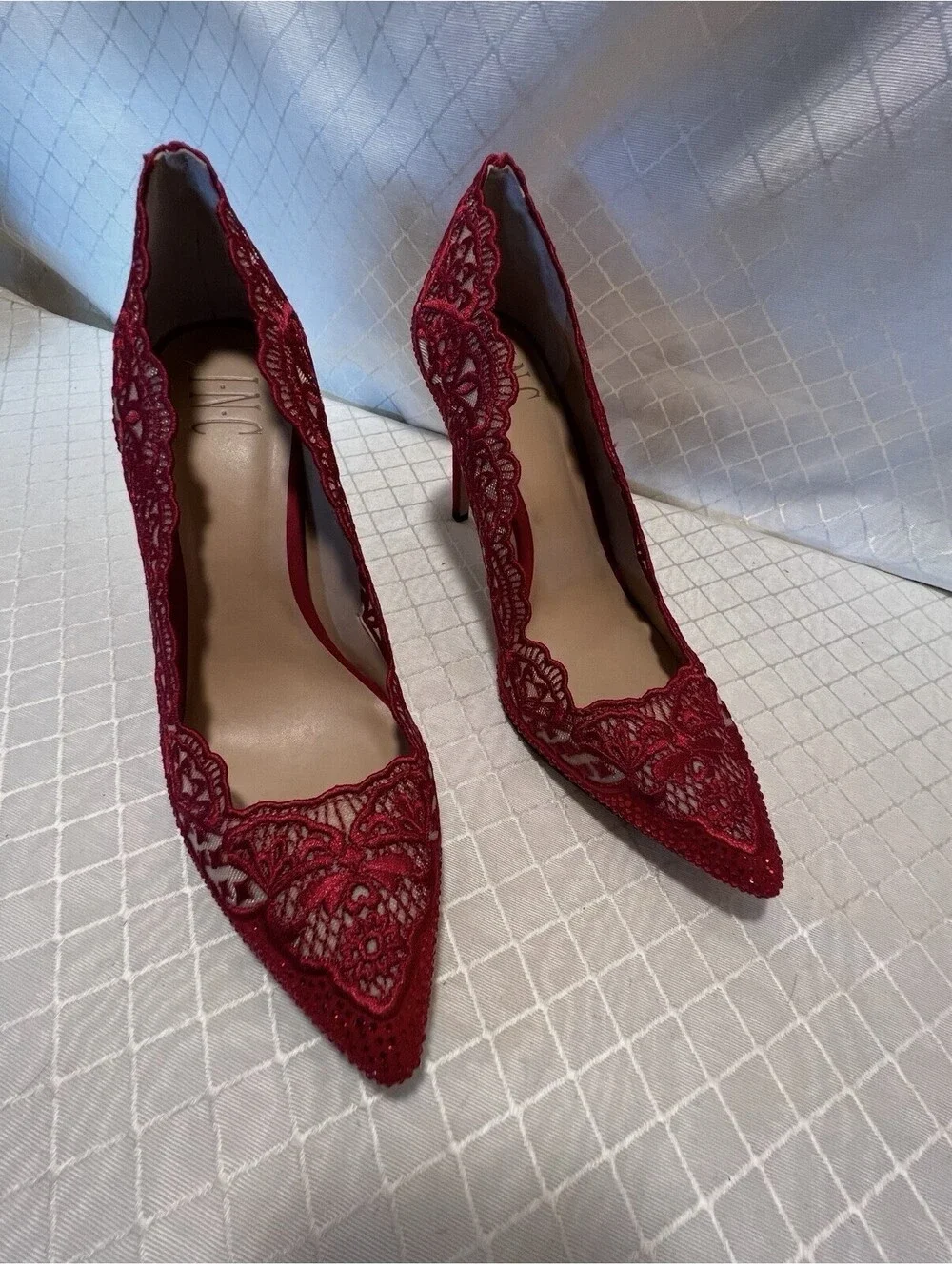 INC Red Lace Rhinestone Pointed Toe Stiletto Heels Size 8